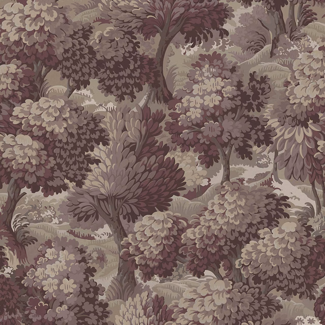 Muted plum botanical wallpaper with taupe blooms, sage foliage and cream highlights