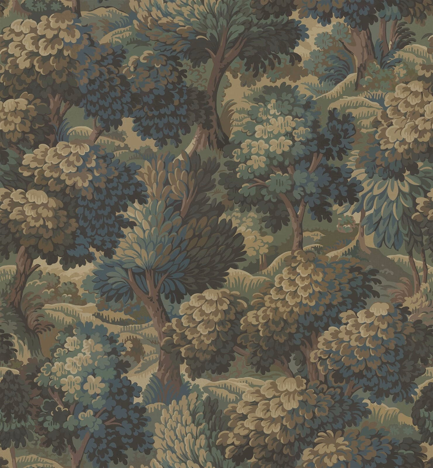 Bronze woodland wallpaper with blue-green trees, taupe foliage and layered forest detail
