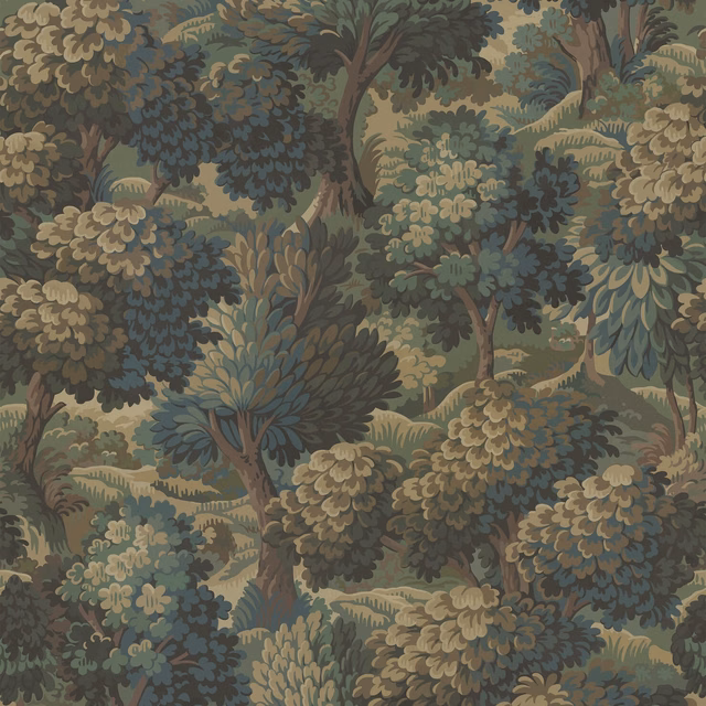 Bronze woodland wallpaper with blue-green trees, taupe foliage and layered forest detail