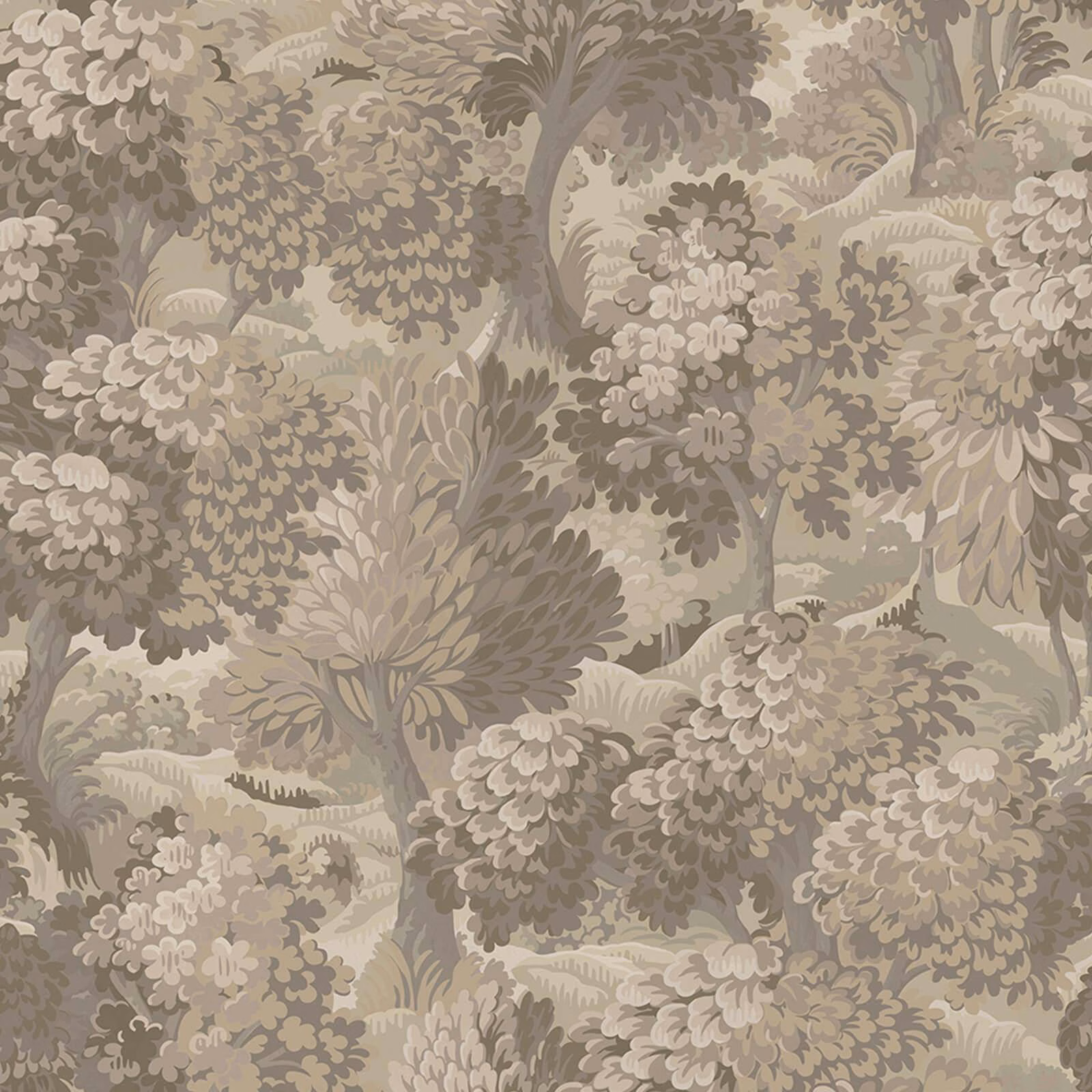 Clay taupe botanical wallpaper with layered trees, flowers and olive-grey foliage
