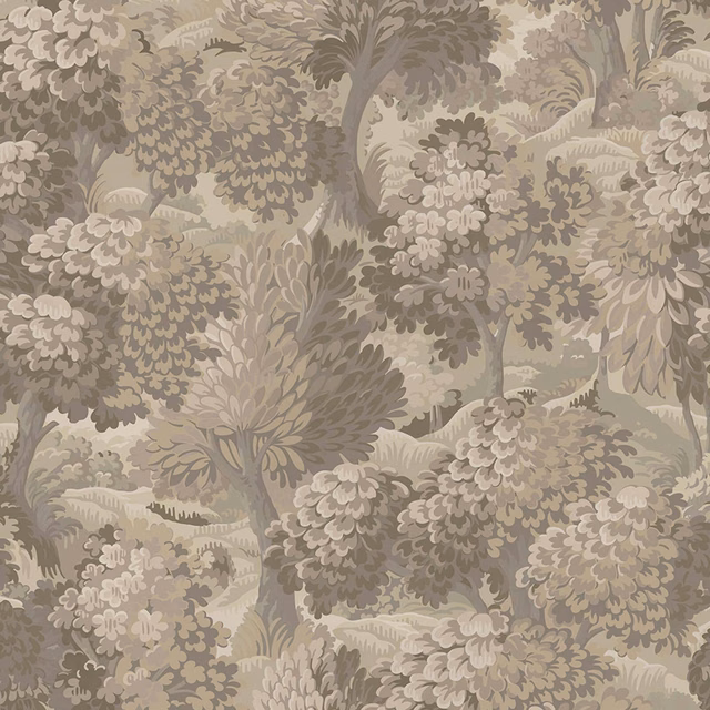 Clay taupe botanical wallpaper with layered trees, flowers and olive-grey foliage