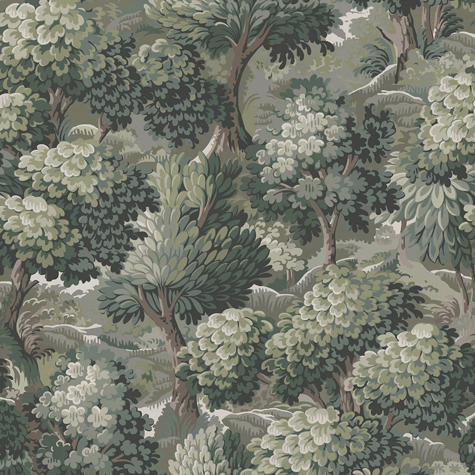 Dense Verde woodland wallpaper with sage foliage, olive trees and cream leaf highlights