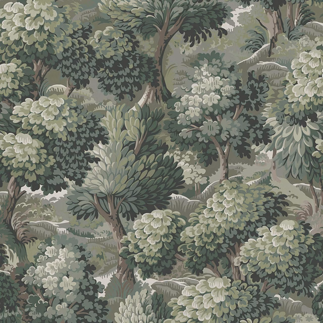 Dense Verde woodland wallpaper with sage foliage, olive trees and cream leaf highlights