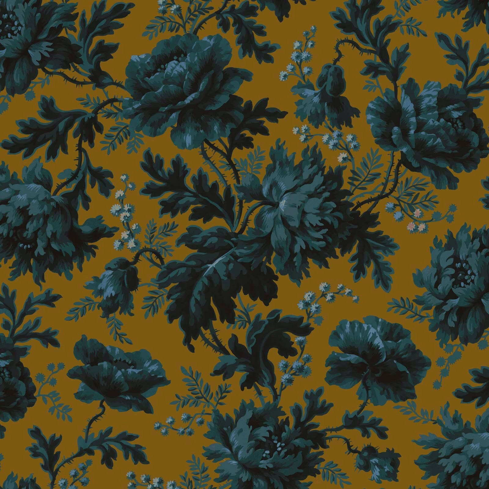 Bronze ochre wallpaper with oversized dark teal flowers and trailing botanical foliage