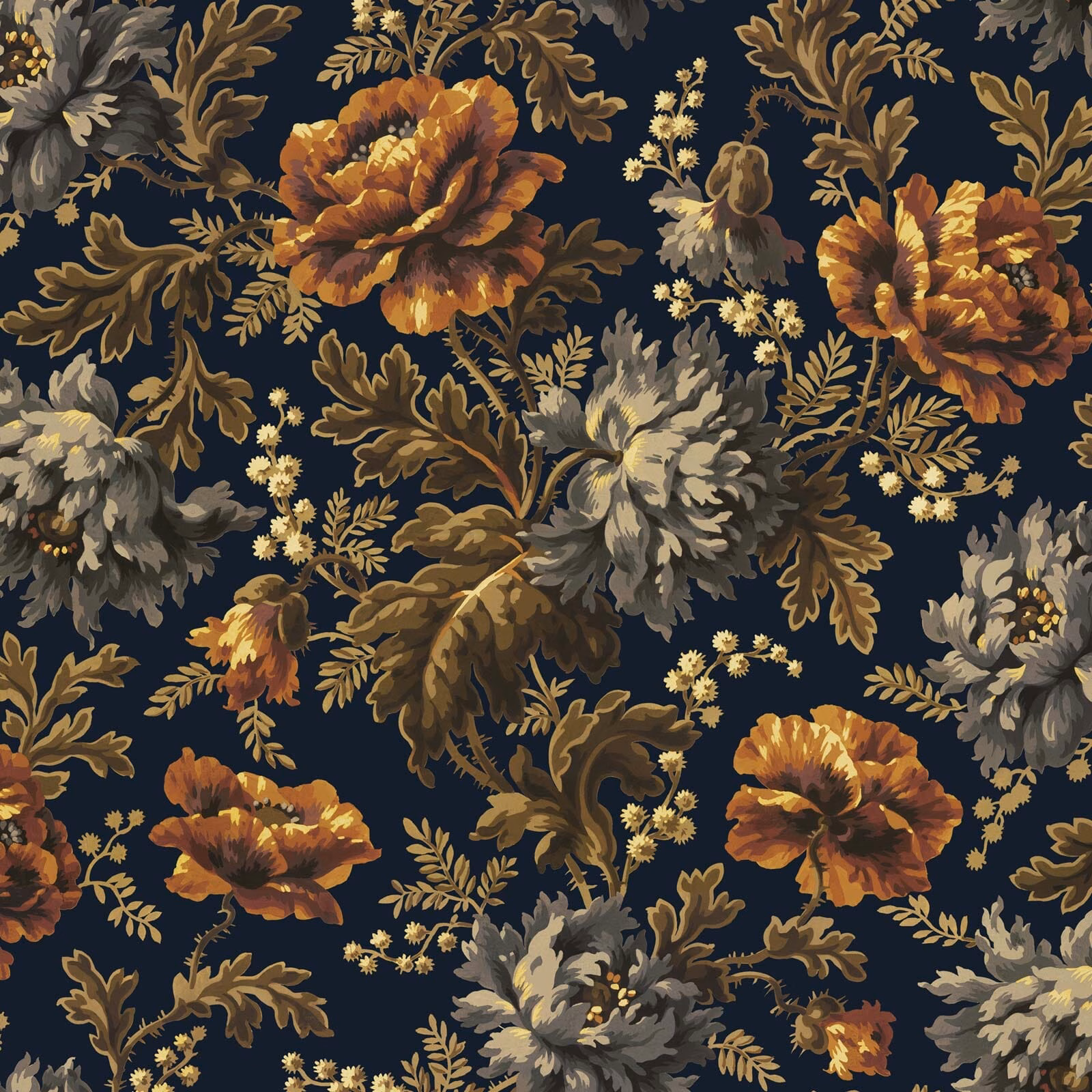 Midnight navy wallpaper with rust, ochre and grey botanical blooms