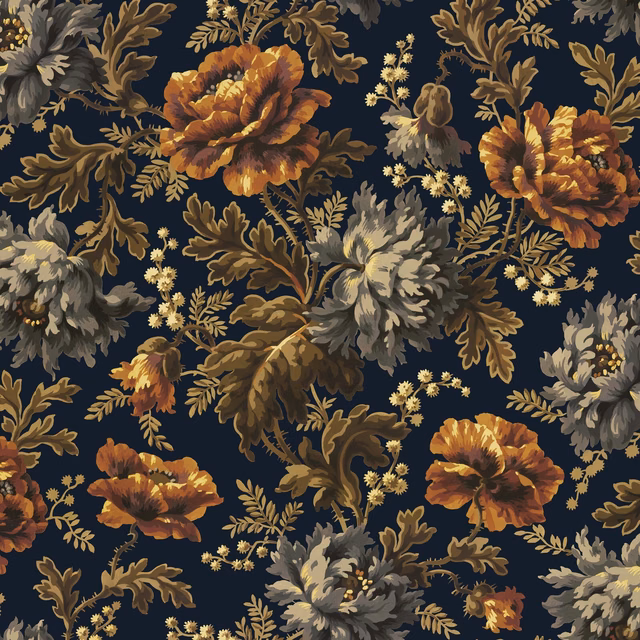 Midnight navy wallpaper with rust, ochre and grey botanical blooms