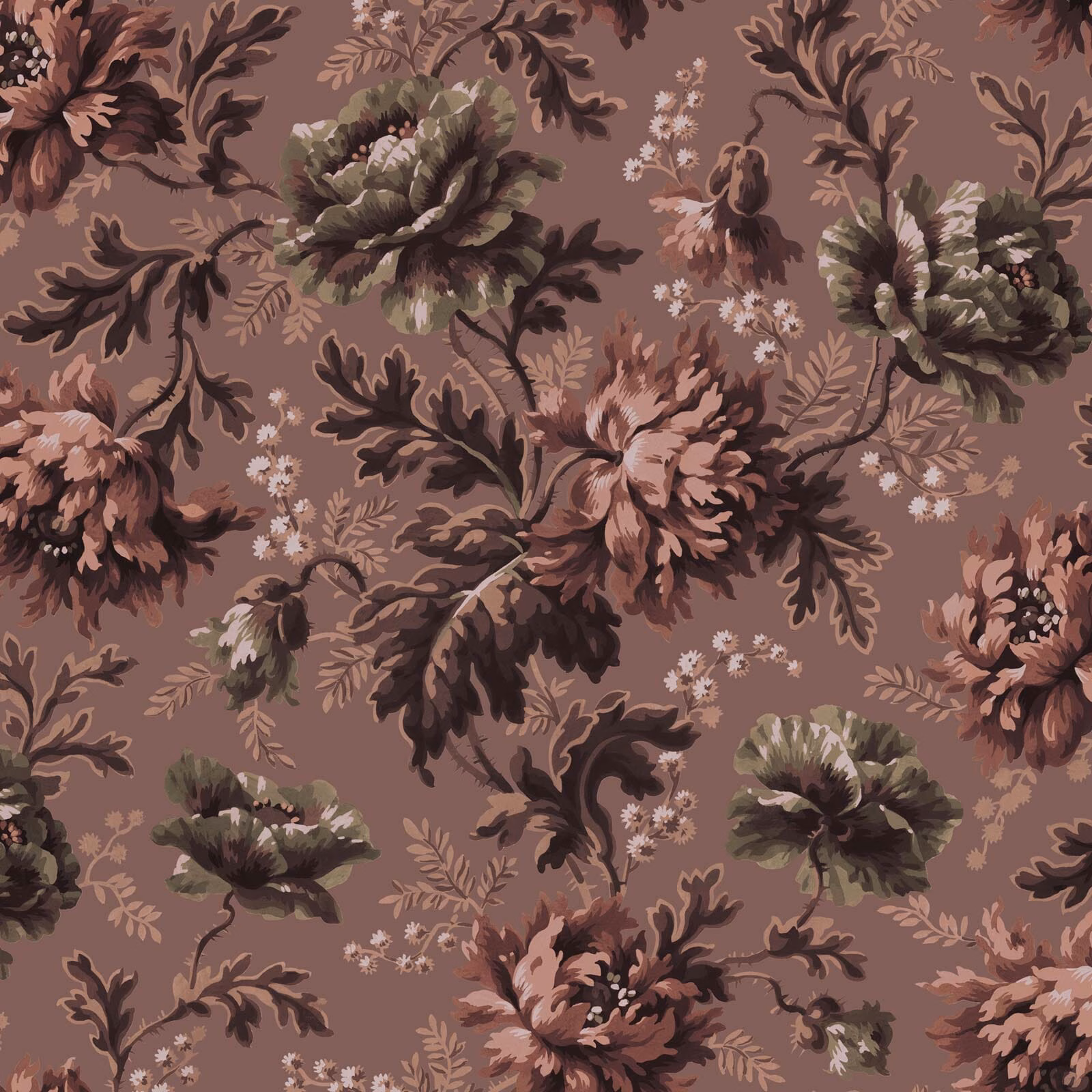 Large floral wallpaper in dusty old rose with olive leaves and dark brown stems