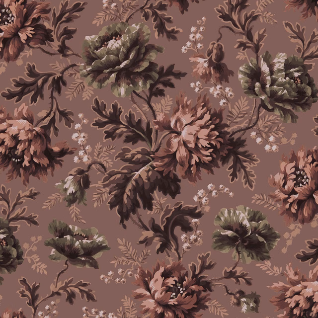 Large floral wallpaper in dusty old rose with olive leaves and dark brown stems