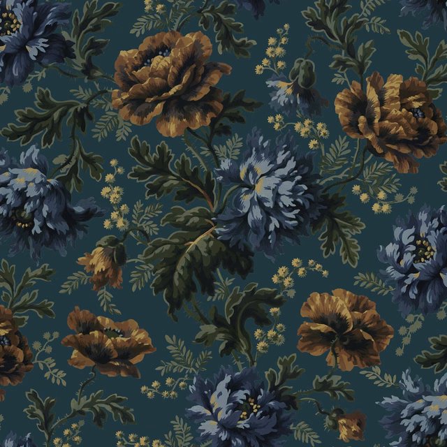 Deep petrol wallpaper with painterly brown and blue flowers, green foliage and tiny yellow blooms