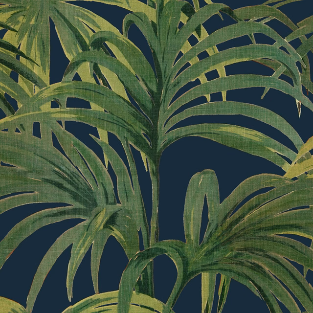 Large tropical palm leaves in olive green on a midnight blue-green wallpaper ground