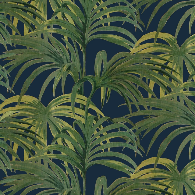 Midnight blue wallpaper with layered green palm fronds and olive highlights