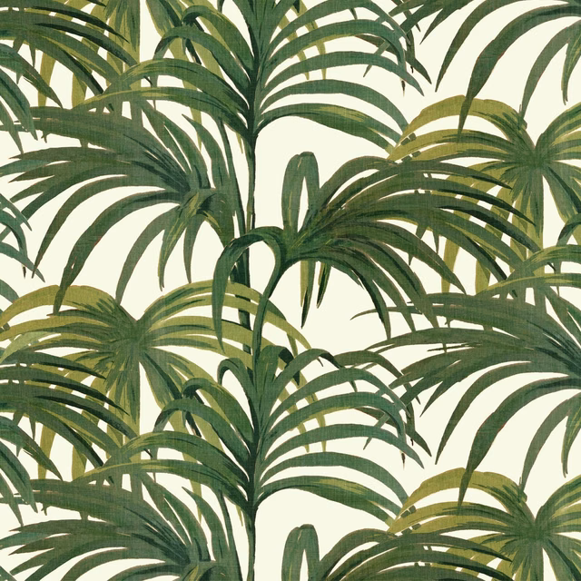 Overlapping palm fronds in deep, olive and leafy greens on an off-white ground