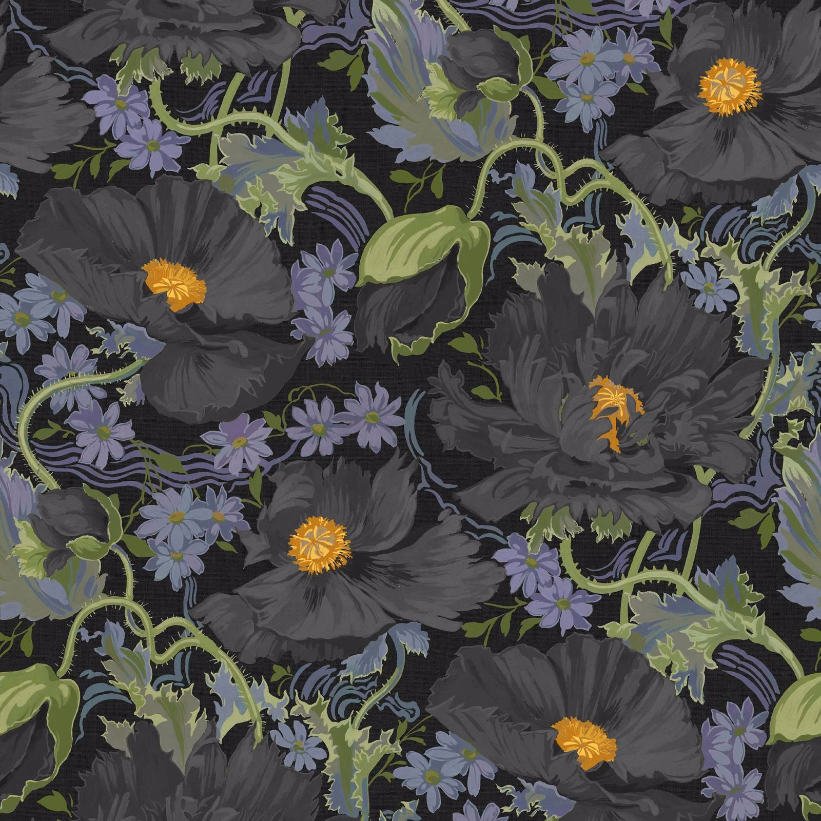 Noir wallpaper with charcoal poppies, violet flowers and olive curling foliage