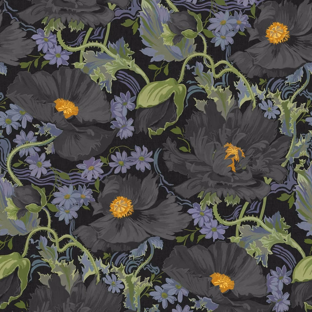 Noir wallpaper with charcoal poppies, violet flowers and olive curling foliage