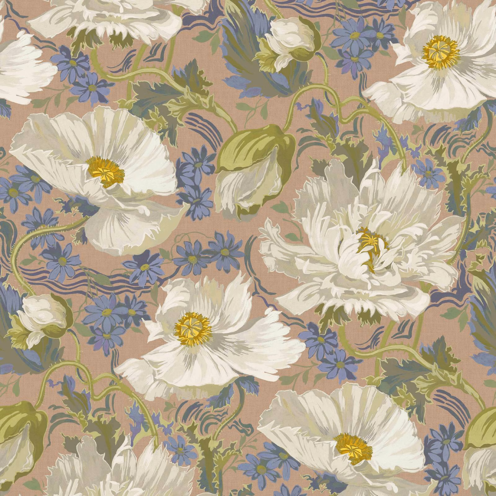Dusty blush PAPAVERA wallpaper with white poppies, blue flowers and olive leaves