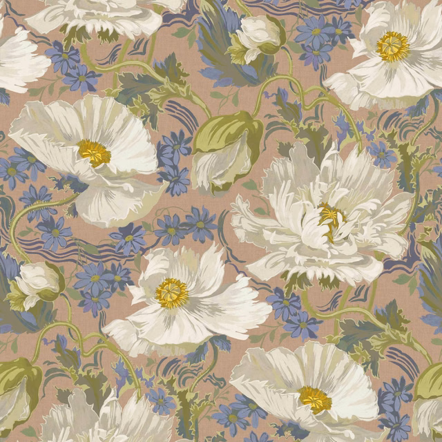 Dusty blush PAPAVERA wallpaper with white poppies, blue flowers and olive leaves