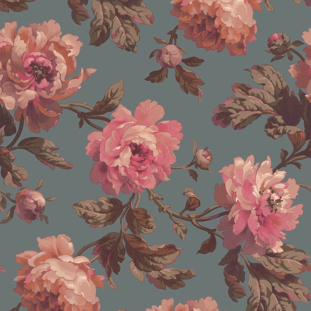 Large pink peonies and trailing leaves on a muted sage-green wallpaper ground
