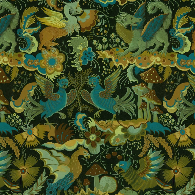 Emerald wallpaper with dragons, birds, peacocks, mushrooms and lush gold-green foliage