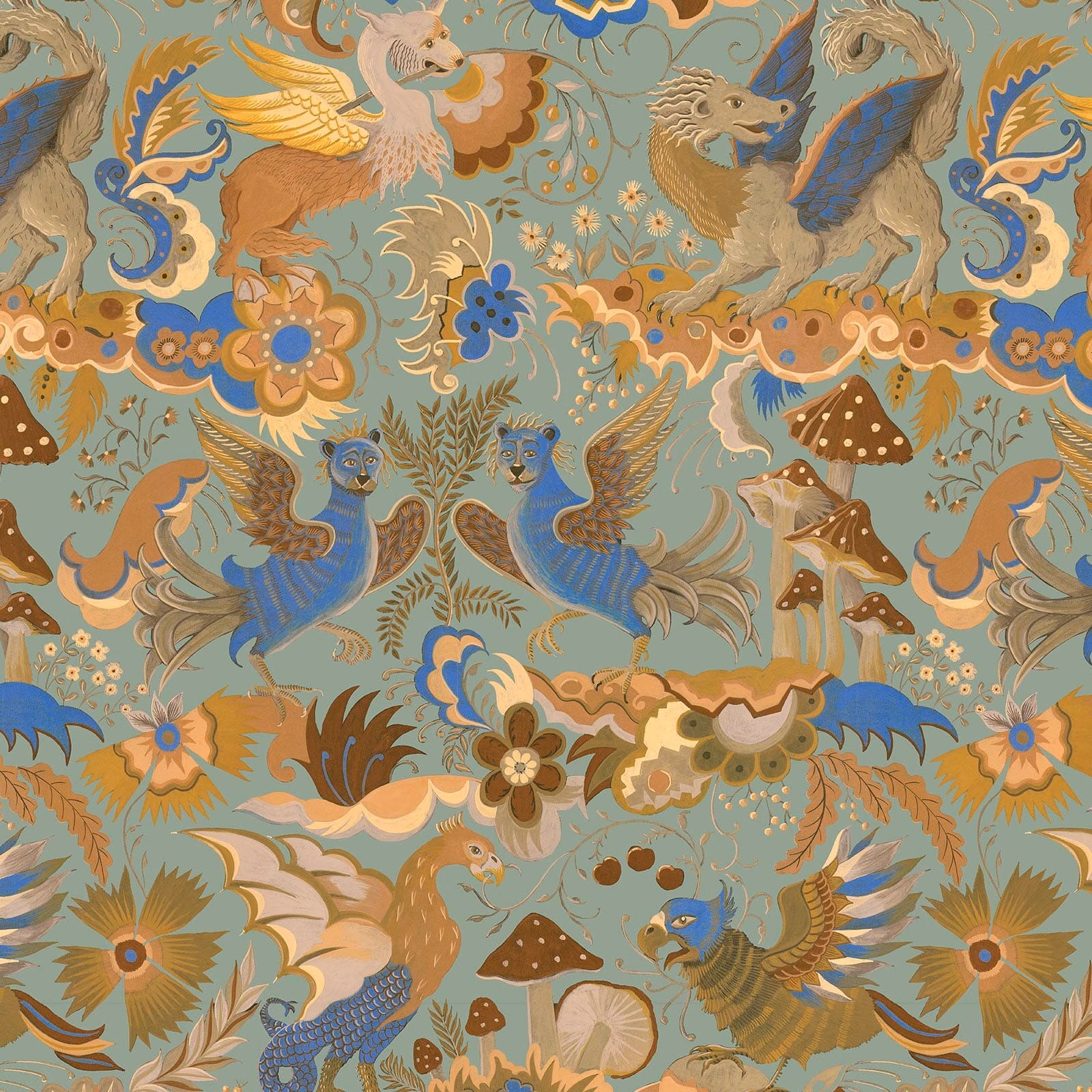 Jadeite wallpaper with blue birds, ochre florals and woodland creatures