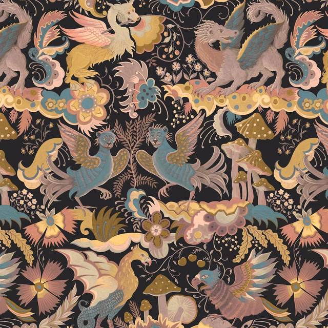 Ink-black wallpaper with dragons, winged birds, flowers and muted teal, blush and ochre details.