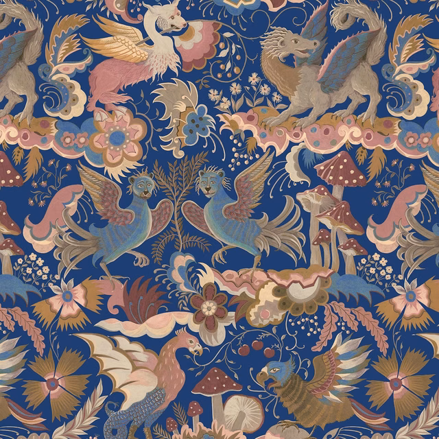 Sapphire blue wallpaper with dragons, birds, florals and mushroom motifs