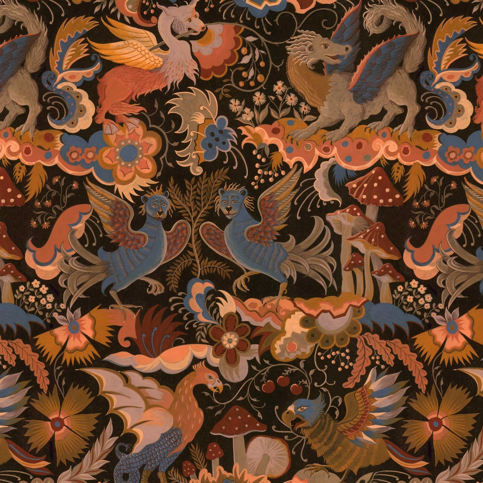 Selenite Orange wallpaper with dragons, birds, coral flowers and mushrooms on charcoal