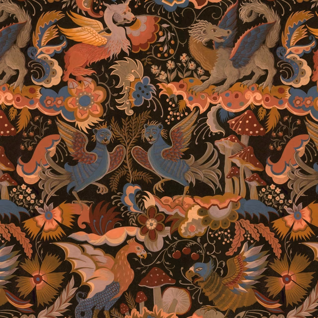 Selenite Orange wallpaper with dragons, birds, coral flowers and mushrooms on charcoal