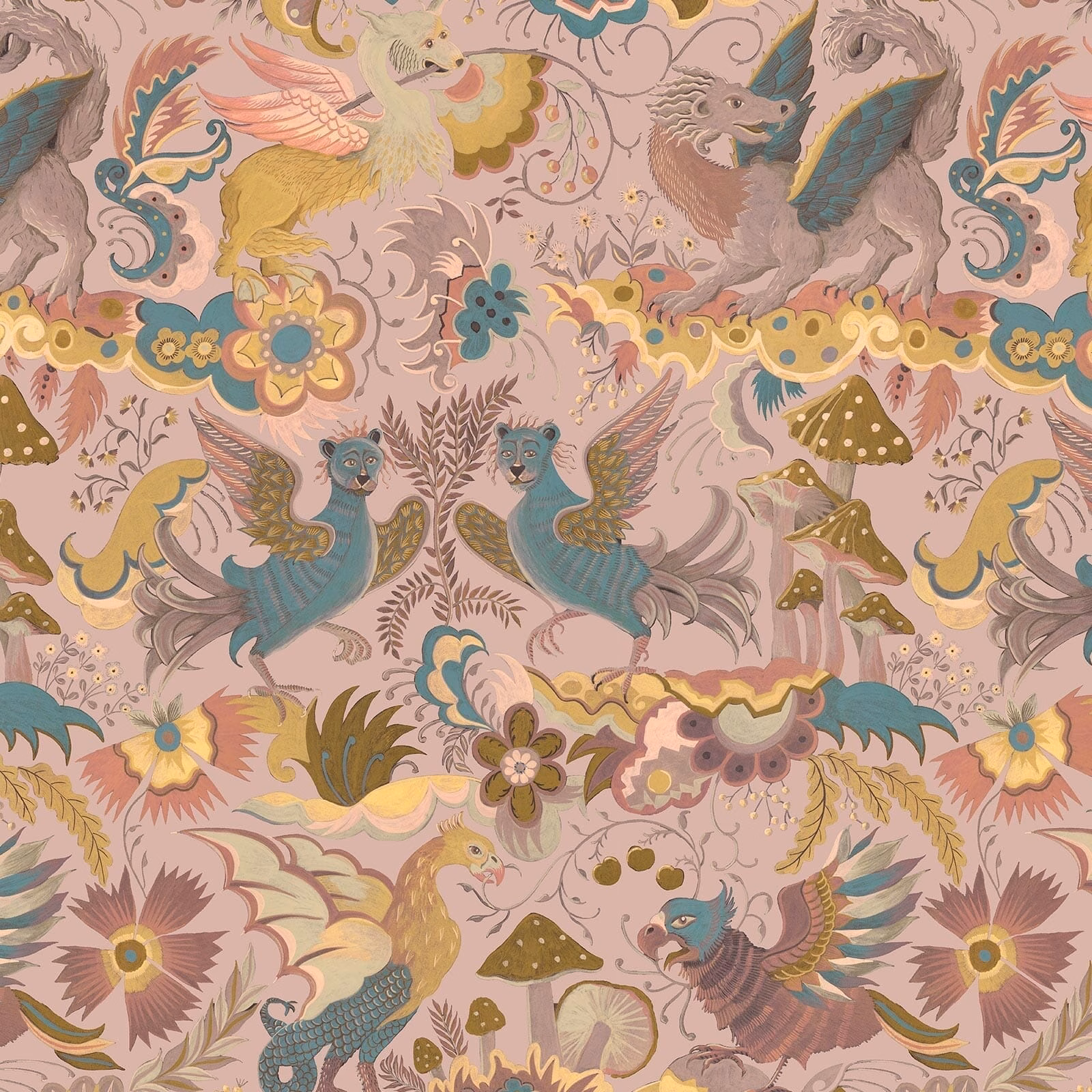 Blush-pink wallpaper with teal birds, winged creatures, flowers and ochre foliage