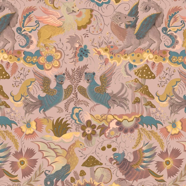 Blush-pink wallpaper with teal birds, winged creatures, flowers and ochre foliage