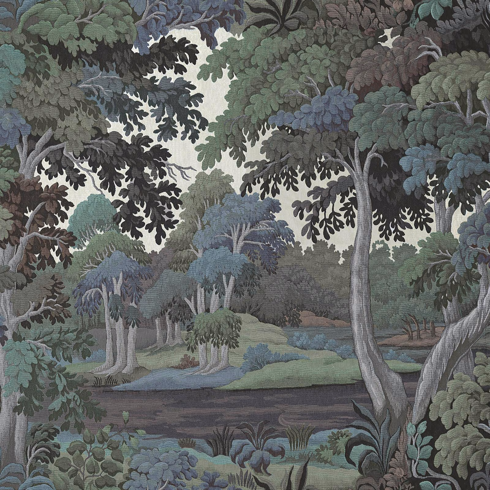 Amazonite wallpaper showing a cool blue-green forest landscape with dense trees and distant pond