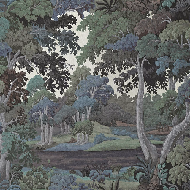 Amazonite wallpaper showing a cool blue-green forest landscape with dense trees and distant pond