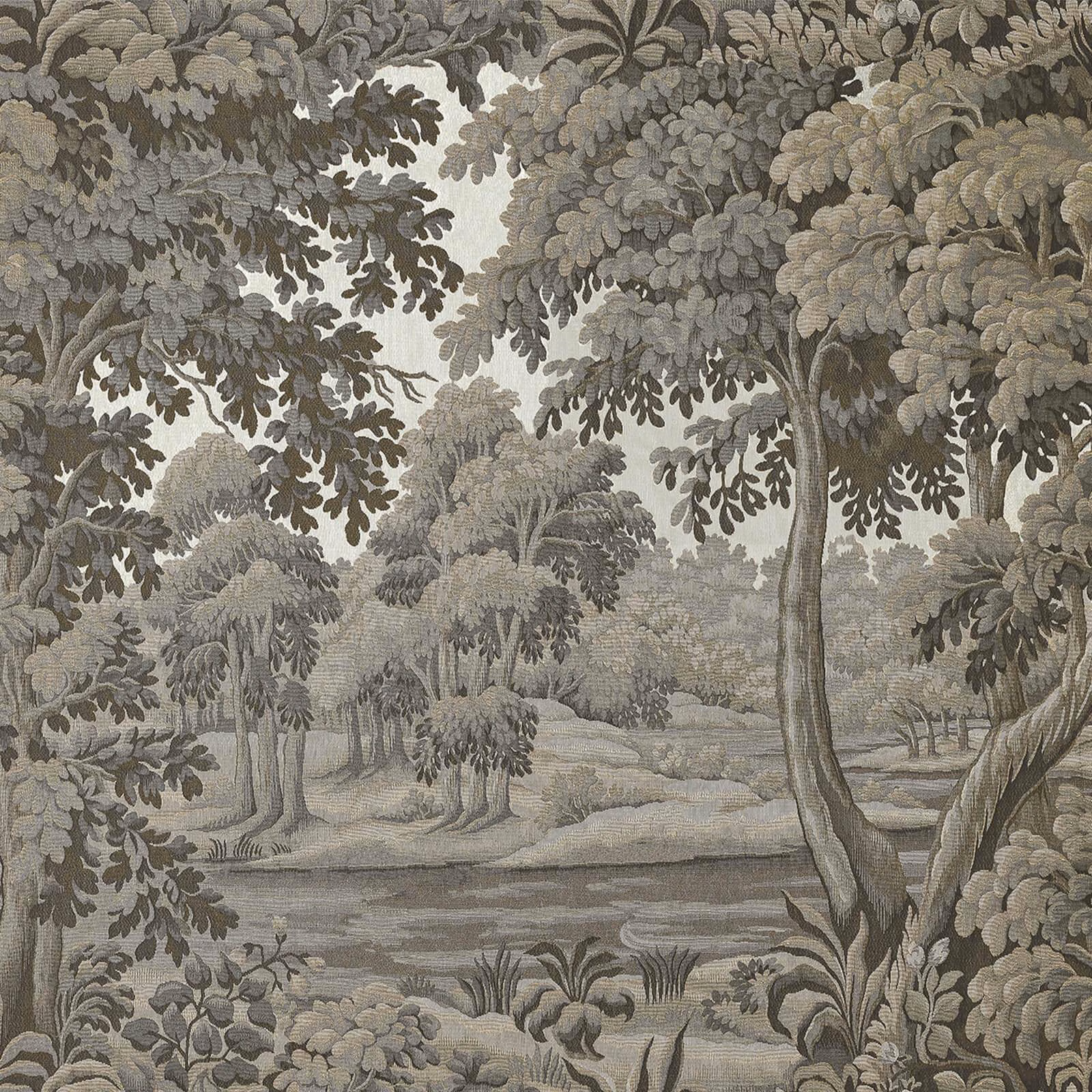 Muted cedar-grey landscape wallpaper with dense leafy canopy and a river vista