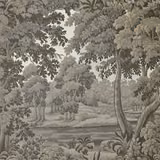 Muted cedar-grey landscape wallpaper with dense leafy canopy and a river vista