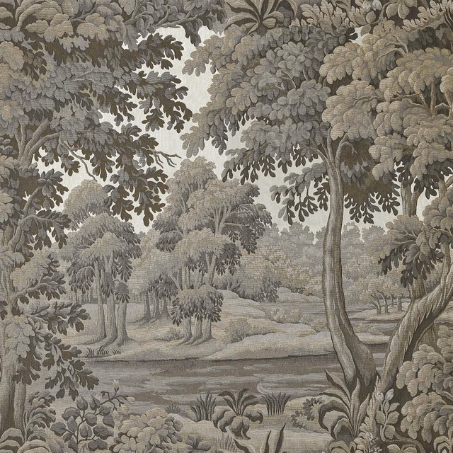 Muted cedar-grey landscape wallpaper with dense leafy canopy and a river vista