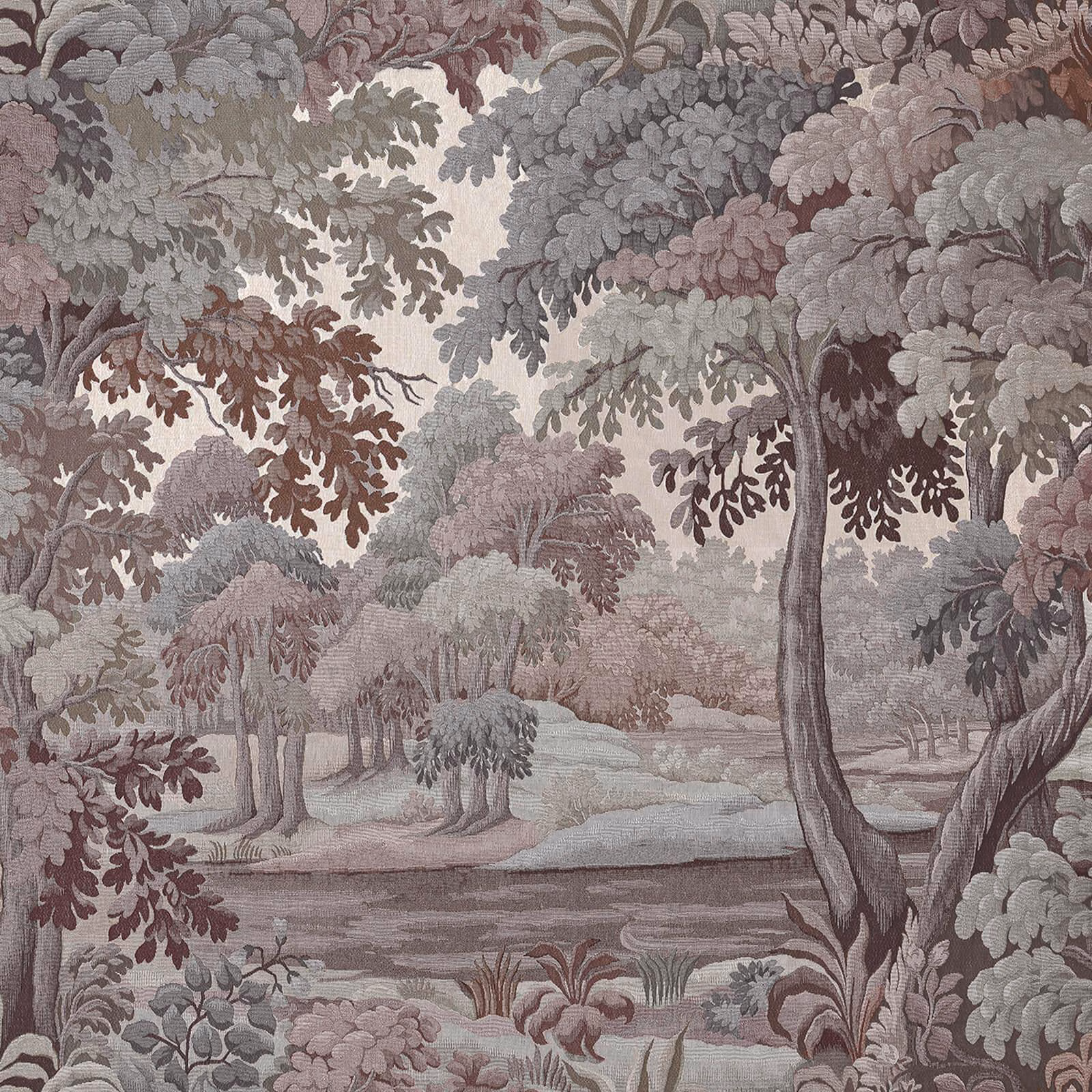 Muted chestnut woodland wallpaper with mauve foliage, grey trees and a pastoral river landscape