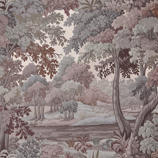 Muted chestnut woodland wallpaper with mauve foliage, grey trees and a pastoral river landscape