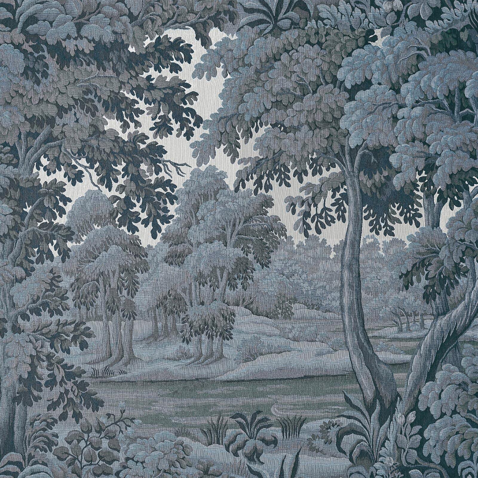Muted indigo woodland wallpaper with layered trees, dense foliage and distant landscape
