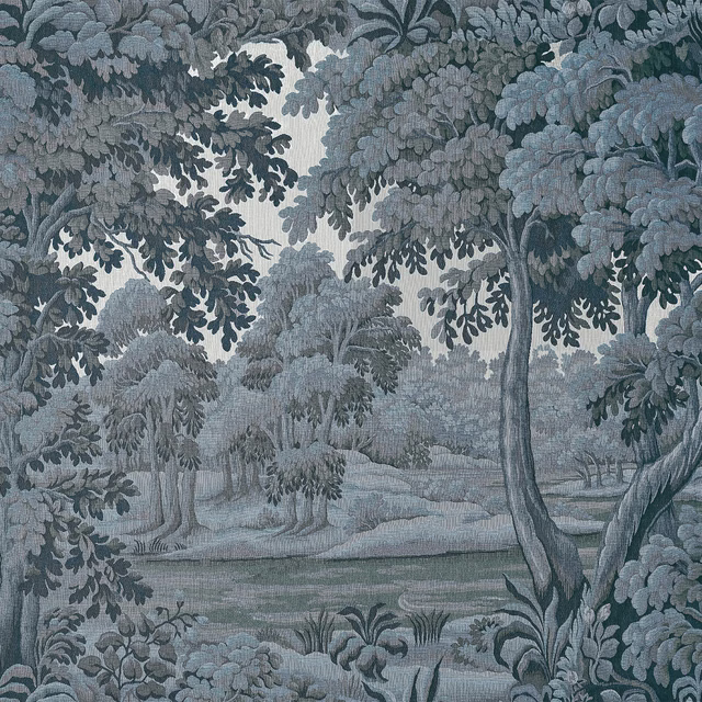 Muted indigo woodland wallpaper with layered trees, dense foliage and distant landscape