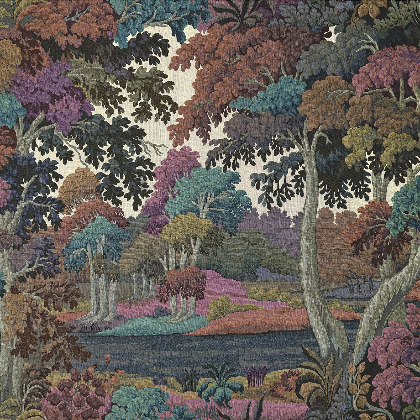 Dusky woodland wallpaper with teal, mauve and russet trees on a warm ivory ground