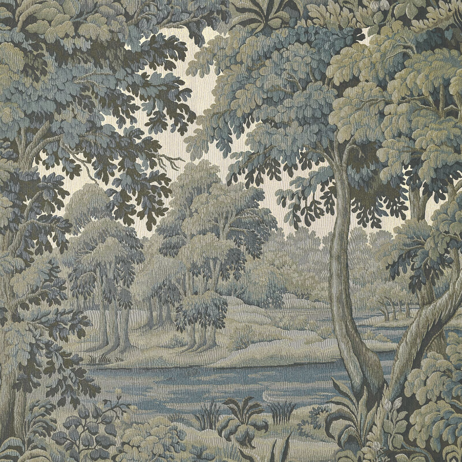 Muted sage woodland wallpaper with layered trees, blue-grey foliage and a winding river