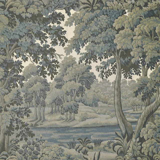 Muted sage woodland wallpaper with layered trees, blue-grey foliage and a winding river