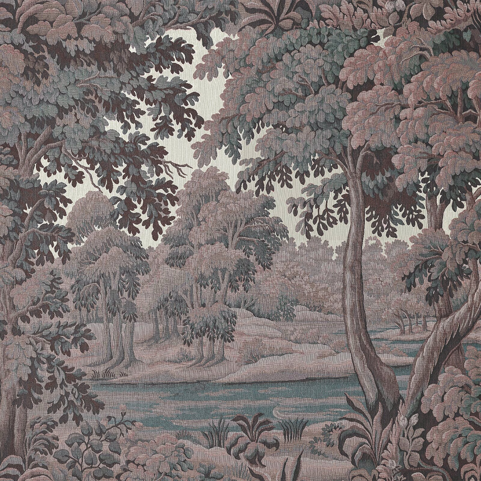 Dusky Sienna woodland wallpaper with rose-brown canopy, teal water and charcoal branches