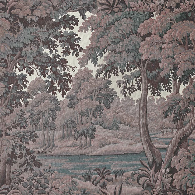 Dusky Sienna woodland wallpaper with rose-brown canopy, teal water and charcoal branches