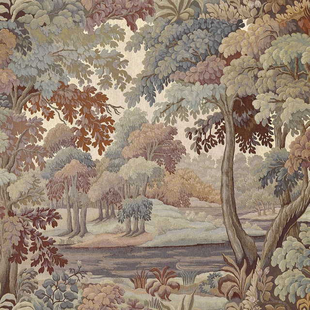 Muted tobacco woodland wallpaper with olive foliage, mauve branches and a scenic water landscape