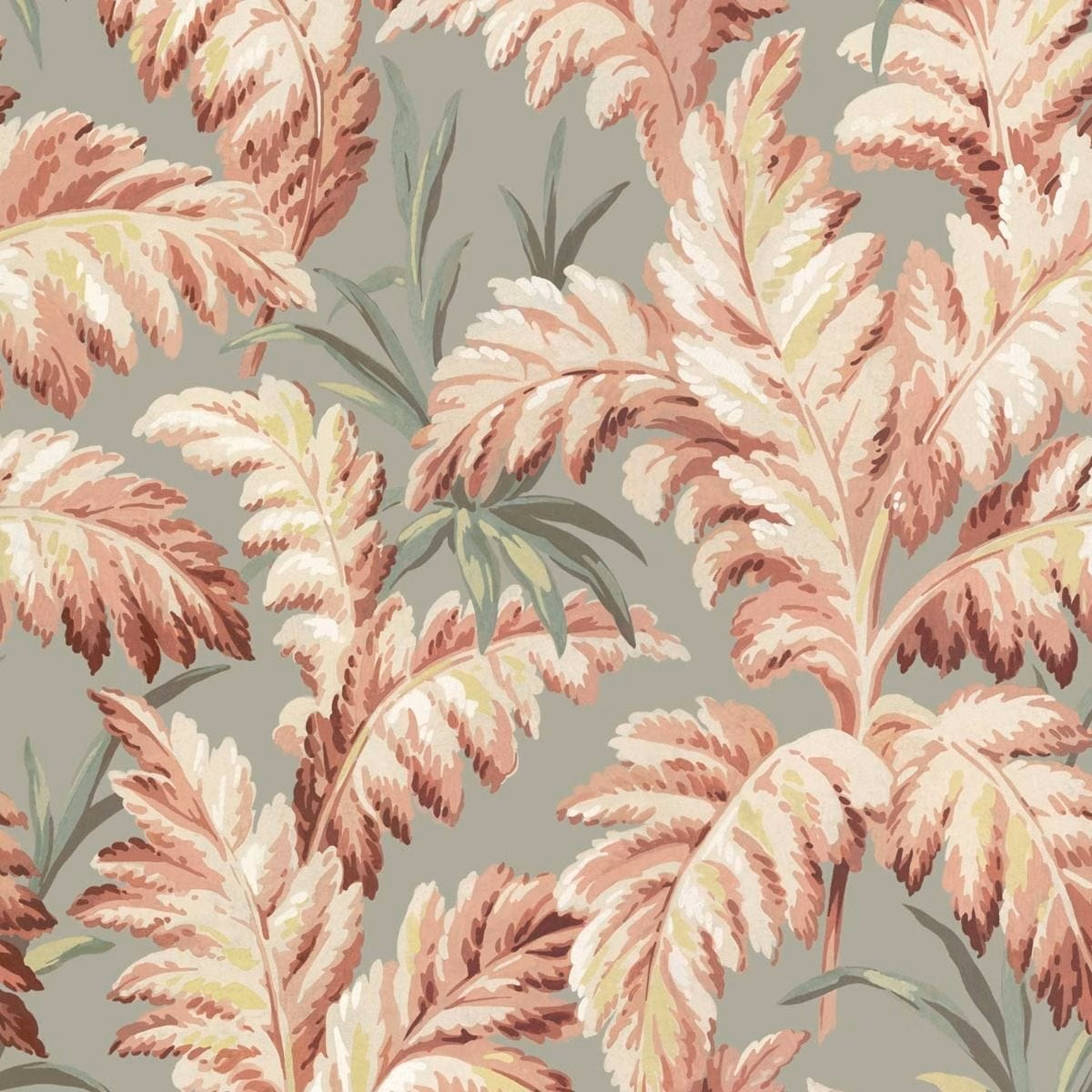 Large blush and cream fern fronds over a muted sage-green wallpaper ground