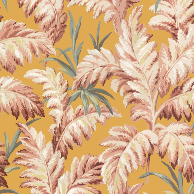 Flaxen ochre wallpaper with oversized blush, cream and teal fern foliage