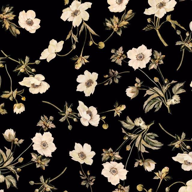 Ebony-black wallpaper with ivory flowers, olive leaves and scattered botanical stems
