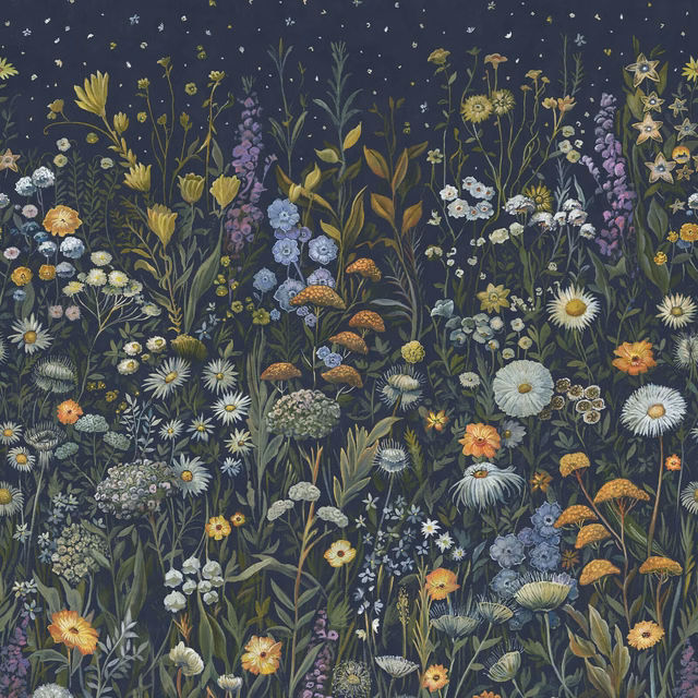 Dense meadow flowers and foliage in blue, lilac, ochre and cream on midnight navy