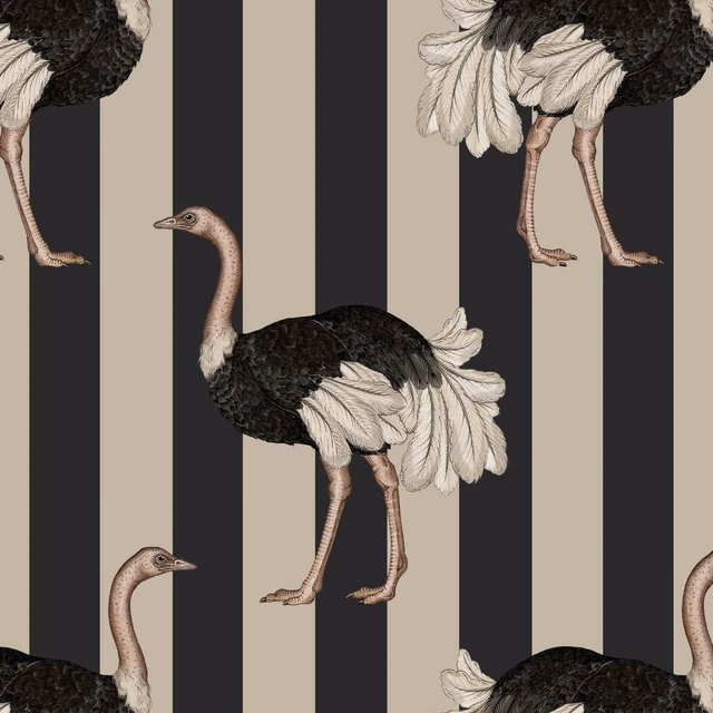 Clay and off-black striped wallpaper with detailed black and ivory ostriches