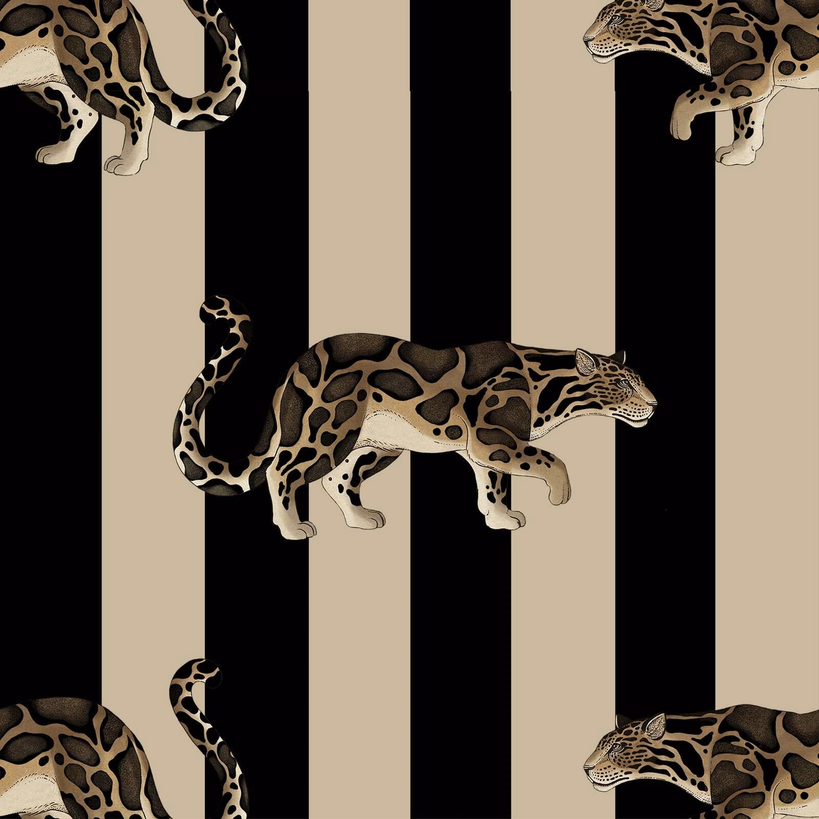 Clay and black striped wallpaper with large spotted leopards in profile